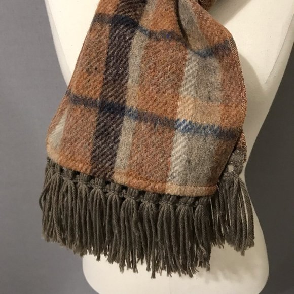 Brown Tan Taupe Plaid Wool Scarf - Picture 4 of 8